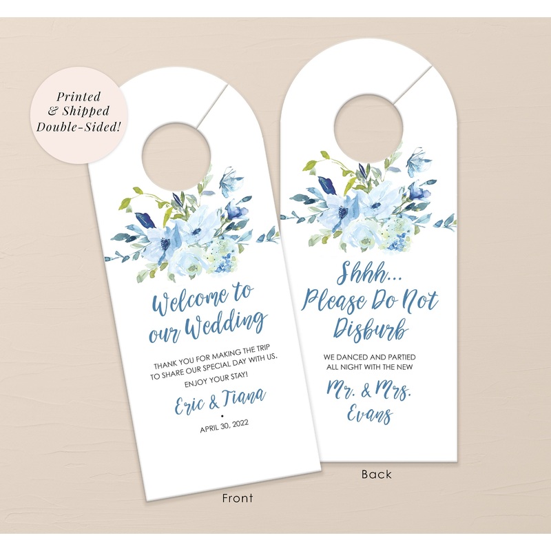 Wedding Hotel Door Hangers Blue Floral, Hotel Guest Welcome Wedding Door Hanger Do Not Disturb - Printed and Shipped - Set of 10