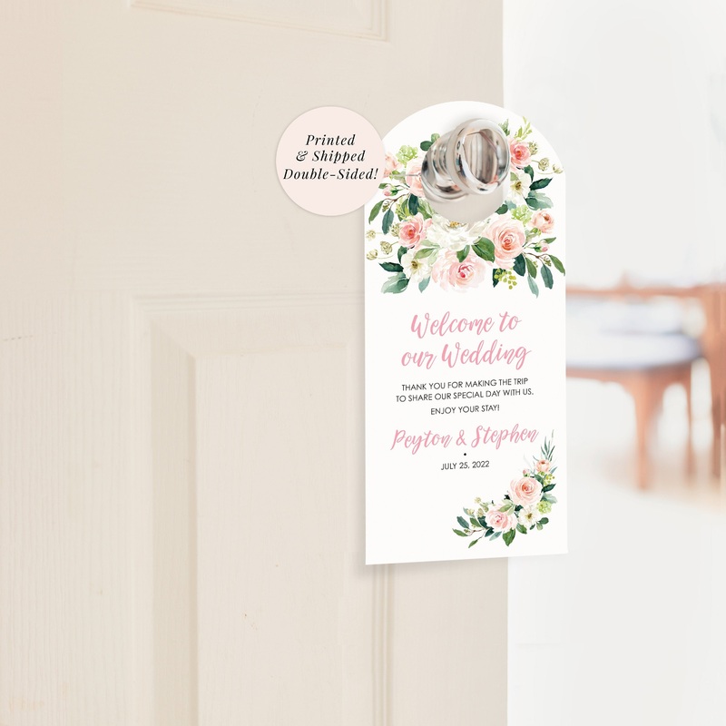 Wedding Hotel Door Hangers Blush Pink Floral, Hotel Guest Welcome Wedding Door Hanger Do Not Disturb - Printed and Shipped - Set of 10