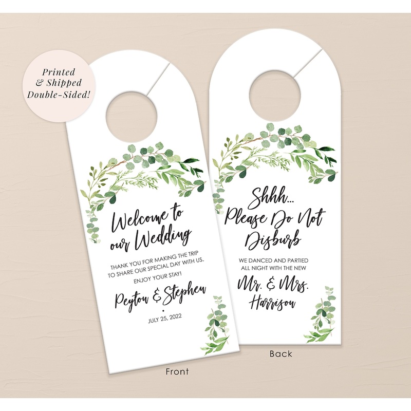 Wedding Hotel Door Hangers Greenery Leaves, Hotel Guest Welcome Wedding Door Hanger Do Not Disturb - Printed and Shipped - Set of 10