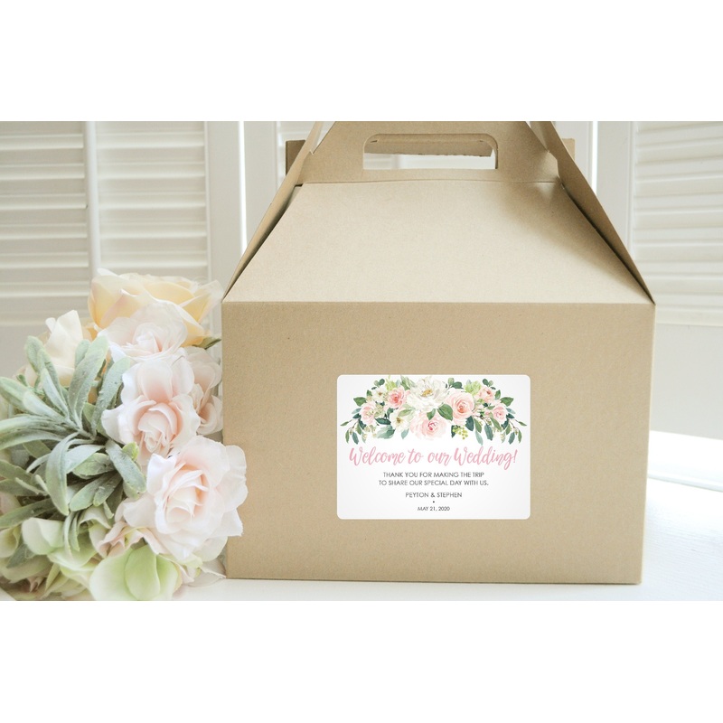 Wedding Hotel Guest Welcome Boxes, Wedding Welcome Gable Boxes and Stickers, Pink Blush Floral Wedding Guests Bridal Shower - Set of 6