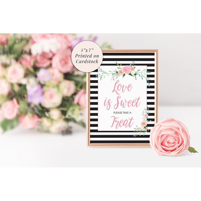 Wedding Love Is Sweet Sign 5x7 Print, Bridal Shower Sign, Sweet Treat Table Wedding Sign, Baby Shower Sign, Black Floral PRINTED & SHIPPED!