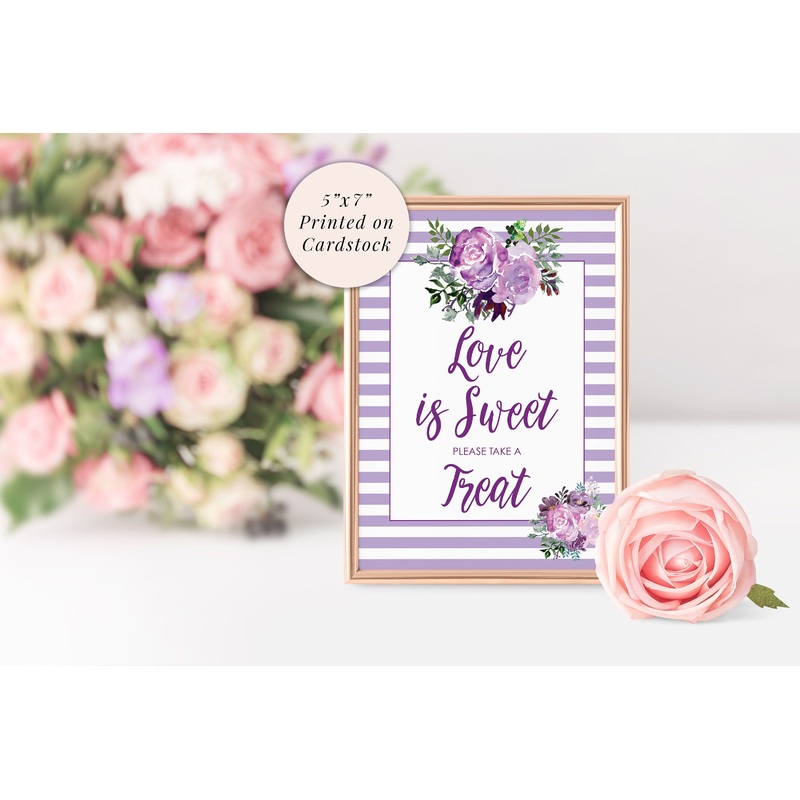 Wedding Love Is Sweet Sign 5x7 Print, Bridal Shower Sign, Sweet Treat Table Wedding Sign, Baby Shower Sign, Purple Floral PRINTED & SHIPPED!