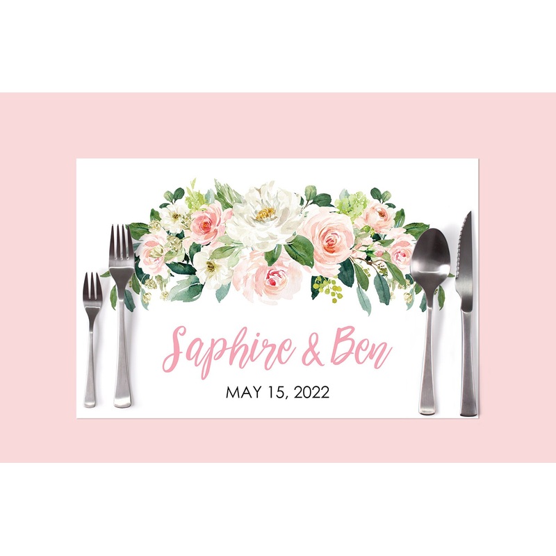 Wedding Paper Placemats Blush Pink Floral Decorations Tableware Disposable Personalized Placemats - Printed & Shipped Set of 6