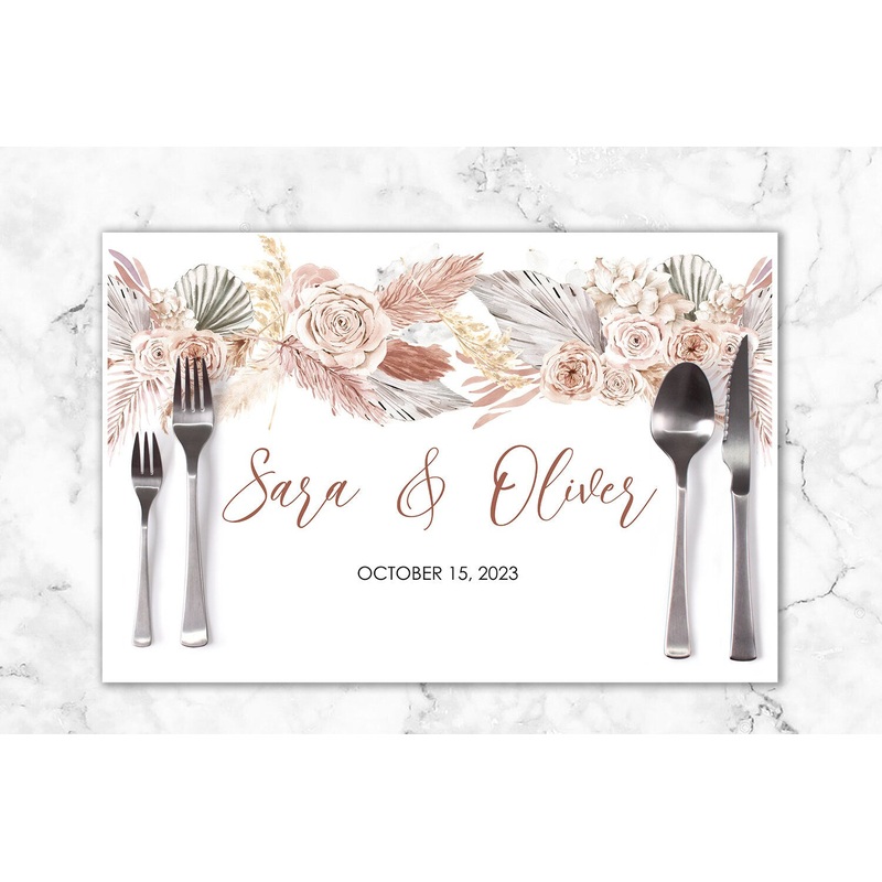 Wedding Paper Placemats Boho Floral Pampas Grass Neutral Decorations Tableware Disposable Personalized Placemat - Printed & Shipped Set of 6