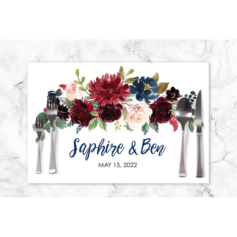 Wedding Paper Placemats Burgundy Navy Blue Floral Decorations Tableware Disposable Personalized Placemats - Printed & Shipped Set of 6