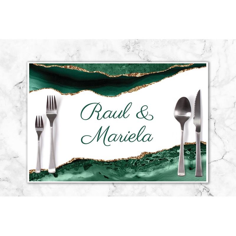Wedding Paper Placemats Emerald Green Agate Gold Decorations Tableware Disposable Personalized Placemats - Printed & Shipped Set of 6