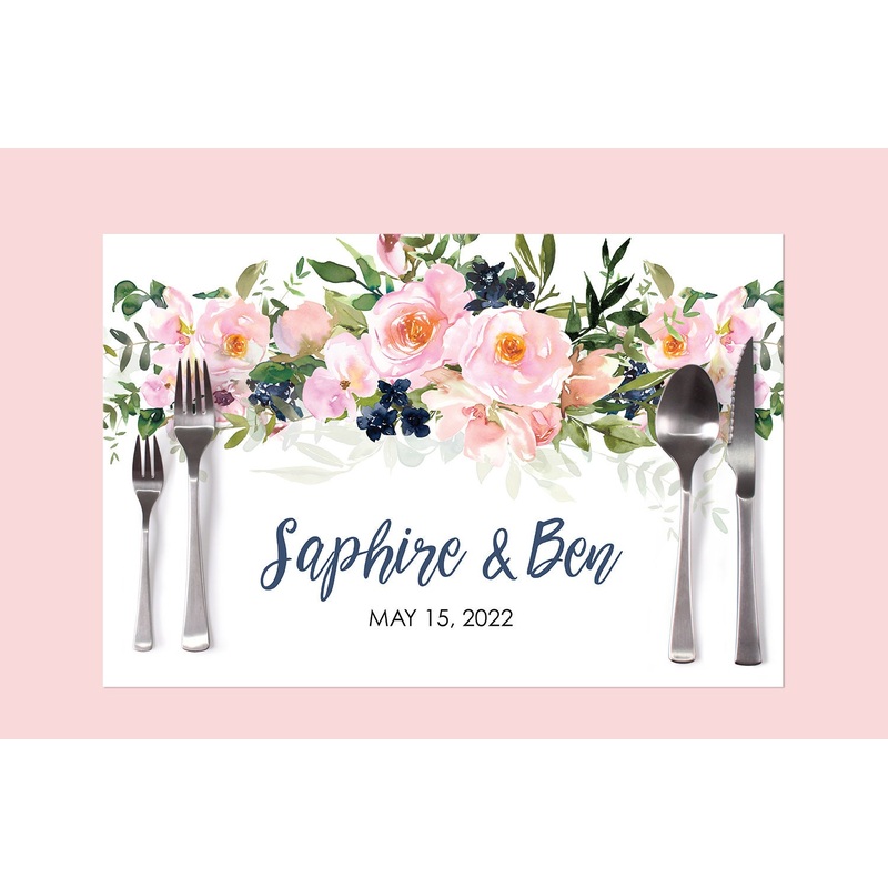 Wedding Paper Placemats Pink Navy Floral Decorations Tableware Disposable Personalized Placemats - Printed & Shipped Set of 6