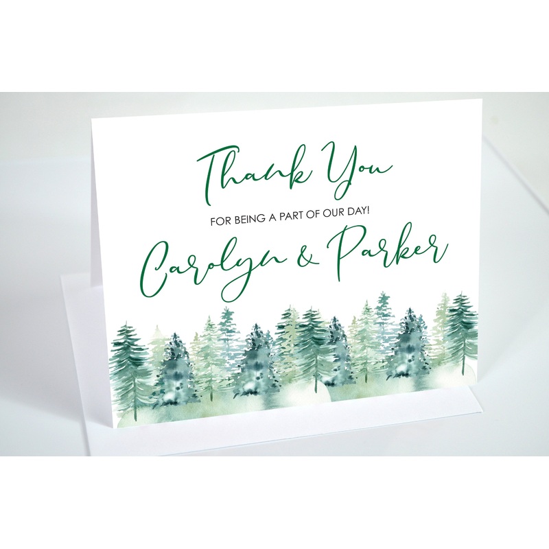 Wedding Thank You Cards Evergreen Trees Christmas Trees Winter Wedding Bridal Shower Thank You Notes - Printed and Shipped - Set of 10