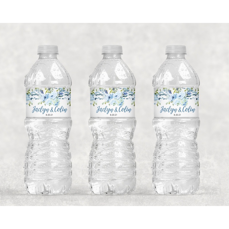 Wedding Water Bottle Labels Blue Floral, Bridal Shower Water Bottle Labels Waterproof Bottle Wraps - Set of 10