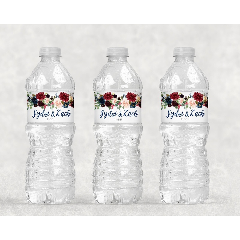 Wedding Water Bottle Labels Burgundy Navy Blue Floral, Bridal Shower Water Bottle Labels Waterproof Bottle Wraps - Set of 10