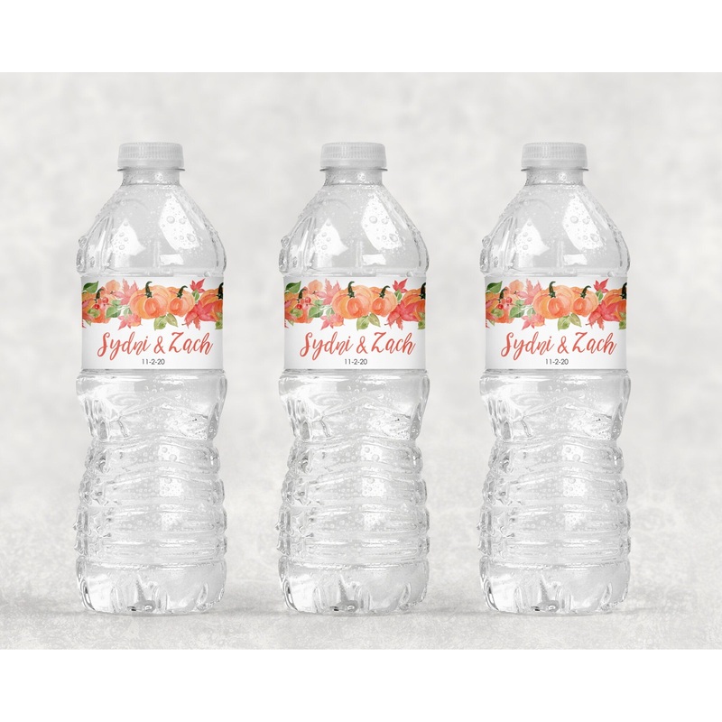 Wedding Water Bottle Labels Orange Pumpkin Fall Wedding, Bridal Shower Water Bottle Label, Wedding Shower Waterproof Bottle Wrap - Set of 10