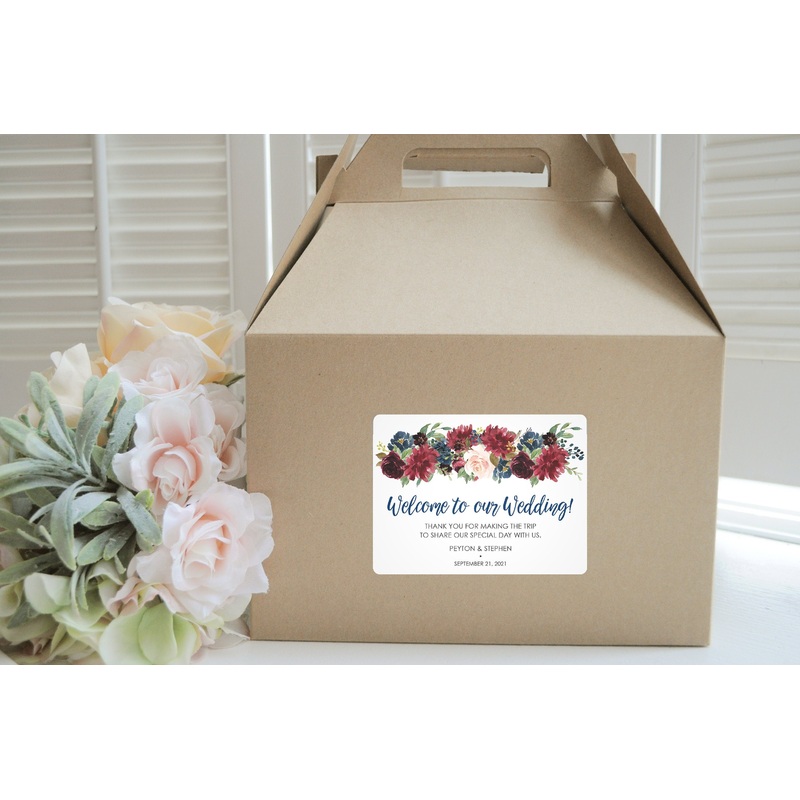 Wedding Welcome Gable Boxes and Stickers, Wedding Hotel Guest Welcome Boxes, Burgundy Navy Floral Bridal Shower, Bachelorette - Set of 6