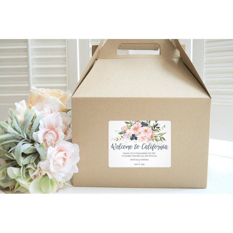 Wedding Welcome Gable Boxes and Stickers, Wedding Hotel Guest Welcome Boxes, Pink Blush Navy Floral Bridal Shower, Bachelorette - Set of 6