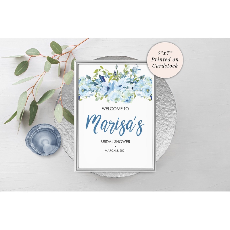 Wedding Welcome Sign 5x7 Print, Welcome Bridal Shower Sign, Personalized Wedding Sign, Baby Shower Sign Blue Floral PRINTED & SHIPPED!