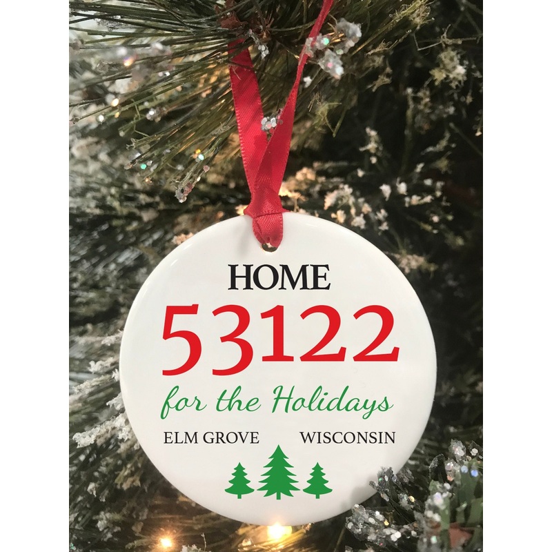 Zip Code Personalized Christmas Ornament, Wedding Gift, First Christmas New Home Ceramic Ornament, Keepsake Ornament City State