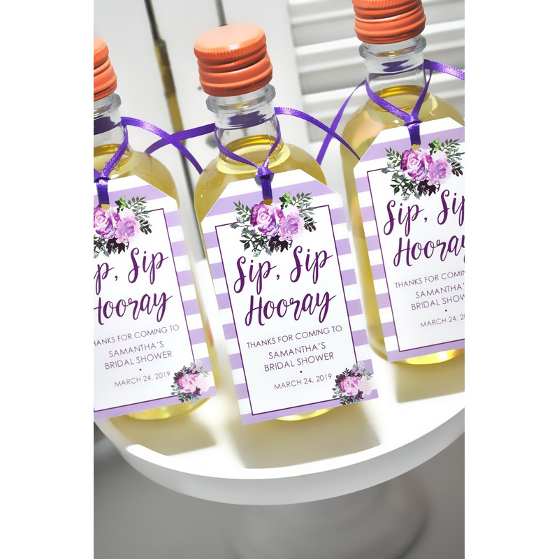 Bridal Shower Favor Tags for Mini Wine Bottles, Wedding Favors, Mini Champagne Tags, Personalized Wedding, Purple Floral - Set of 12 Tags