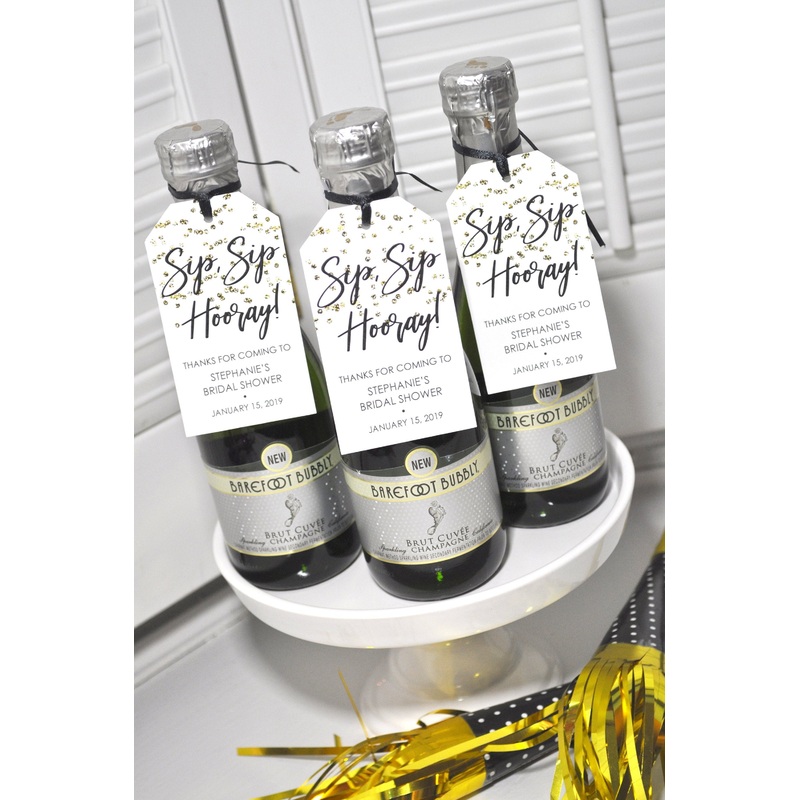 Bridal Shower Favor Tags for Mini Wine Bottles, Wedding Favors, Mini Champagne Tags, Personalized Wedding Tags Gold Confetti - Set of 12