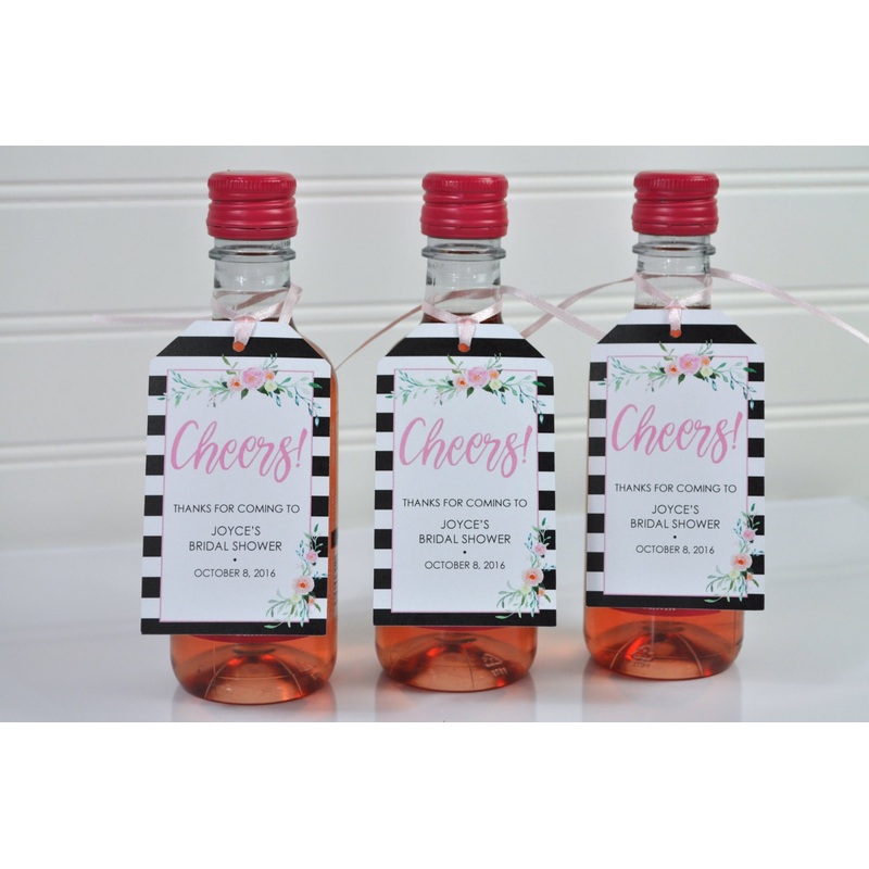 Bridal Shower Favor Tags, Mini Wine Bottles, Cheers, Bachelorette Favors, Mini Champagne Tags, Wedding Wine Favors, Black Floral - Set of 12