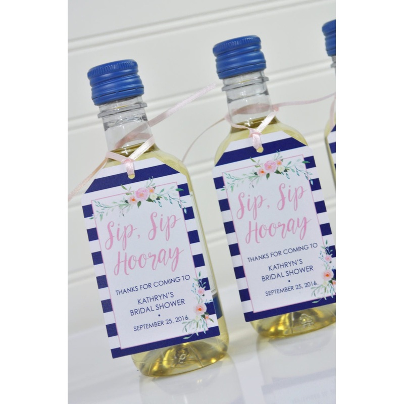Bridal Shower Favor Tags, Wedding Favors, Mini Wine Bottles, Mini Champagne Tags, Sip Sip Hooray Tags, Navy Blue & Pink - Set of 12