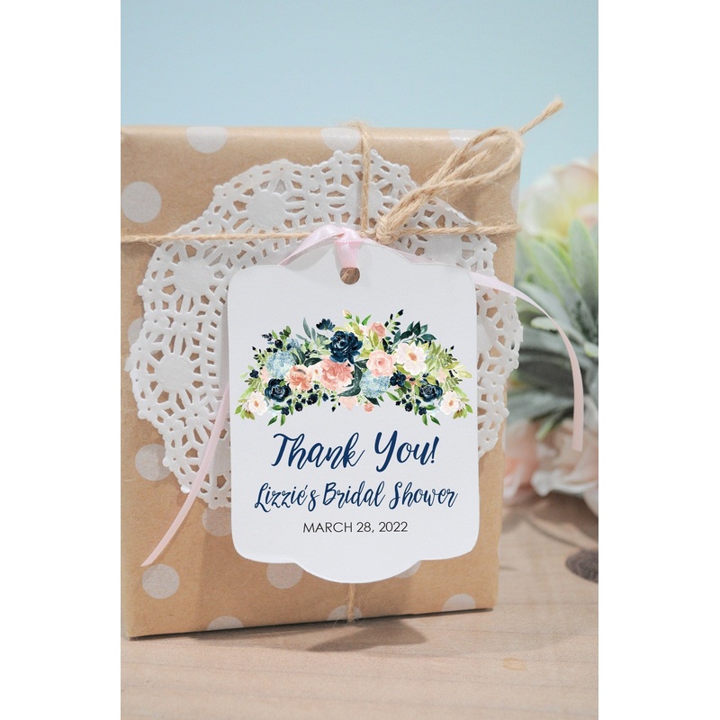 Bridal Shower Favor Tags, Wedding Thank You Tags Favors Personalized Wedding Tags, Navy Blue Pink Floral Shower Hang Tags - Set of 12