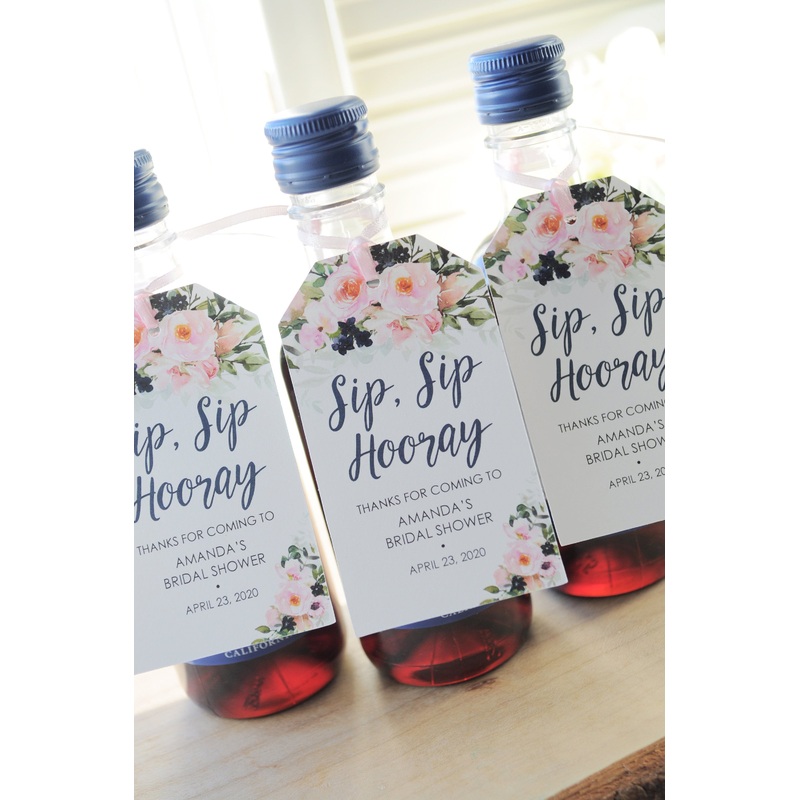 Bridal Shower Favors Tags for Mini Wine Bottles, Wedding Favors, Mini Champagne Tags, Sip Sip Hooray Favor Tags Pink Navy Floral - Set of 12