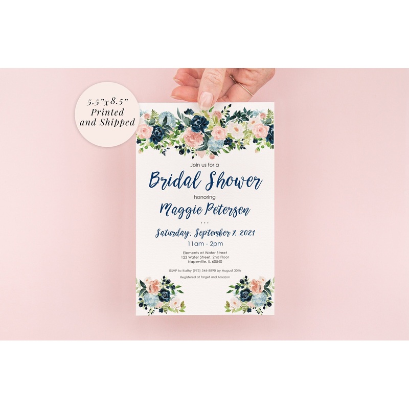 Bridal Shower Invitations Navy Blue Pink Floral Invites, Wedding Shower, Bridal Luncheon - Printed and Shipped - Set of 10