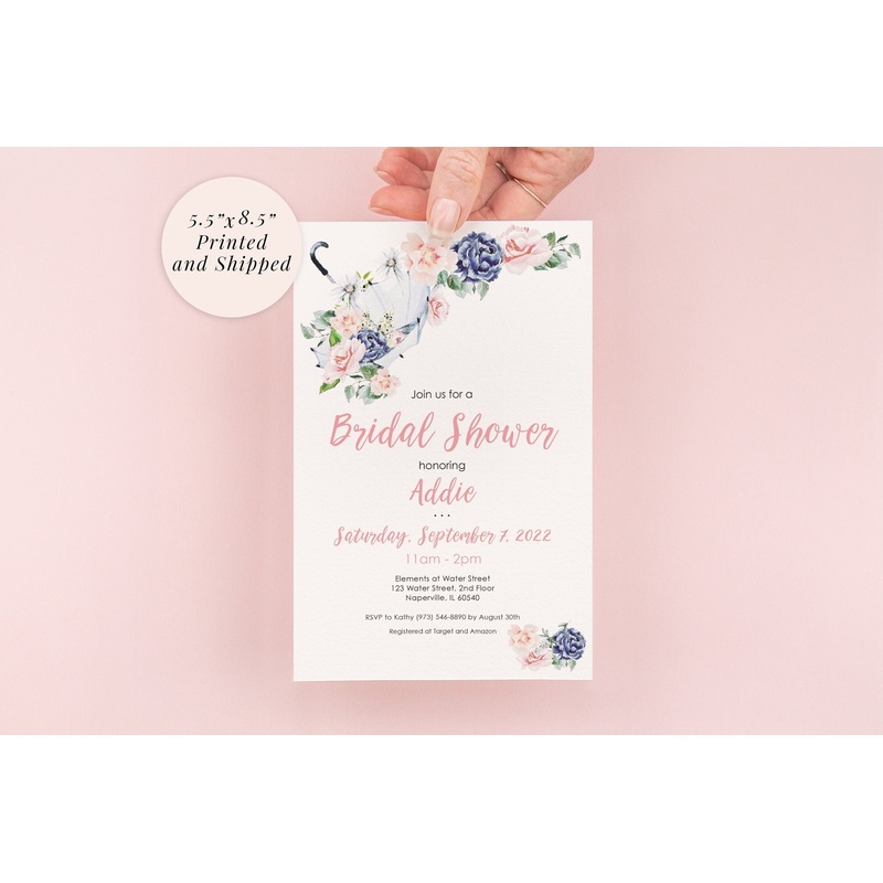 Bridal Shower Invitations Umbrella Blush Pink Blue Floral Bridal Shower Invites, Wedding Shower Luncheon - Printed and Shipped - Set of 10