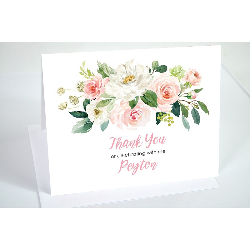 Bridal Shower Thank You Cards Blush Pink Floral Thank You Notes, Wedding Thank You Cards - Printed and Shipped - Set of 10