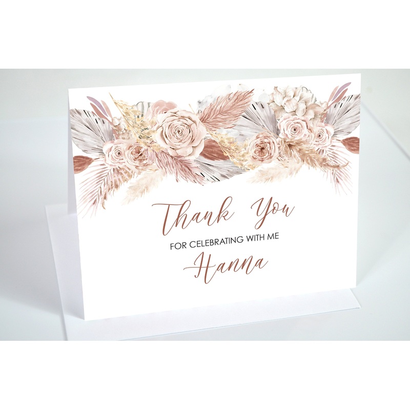 Bridal Shower Thank You Cards Boho Floral Pampas Grass Neutral Thank You Notes, Wedding Thank You Cards - Printed and Shipped - Set of 10