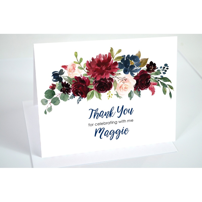 Bridal Shower Thank You Cards Burgundy Navy Blue Floral Thank You Notes, Wedding Thank You Cards - Printed and Shipped - Set of 10
