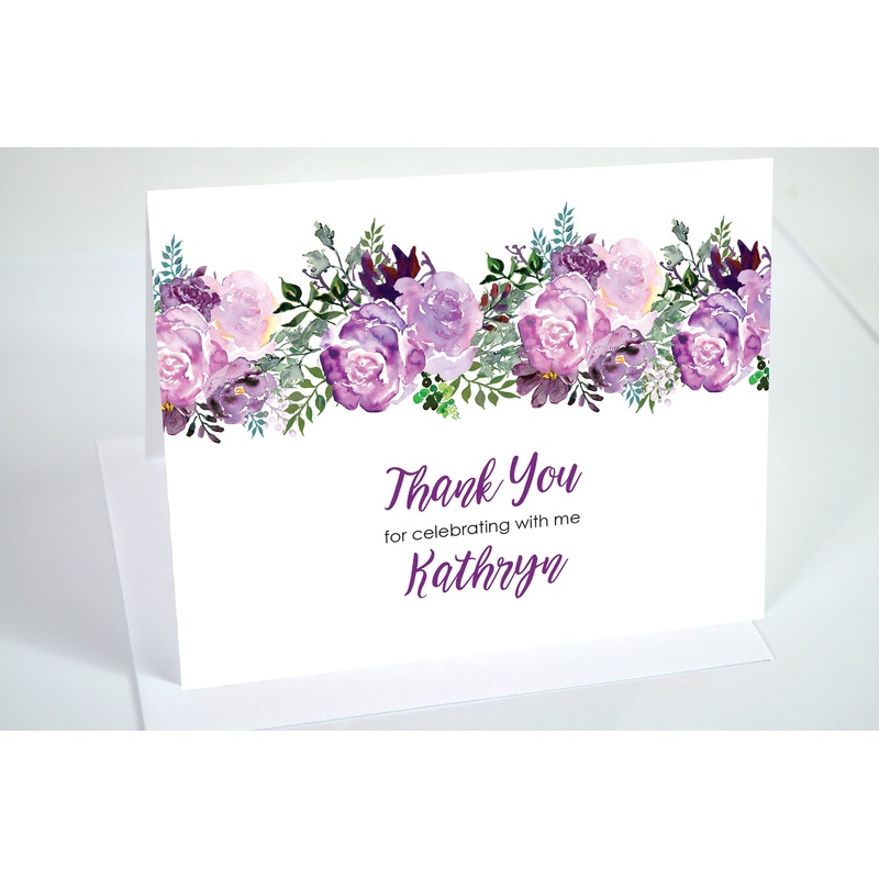 Bridal Shower Thank You Cards Purple Floral Thank You Notes, Wedding Thank You Cards - Printed and Shipped - Set of 10
