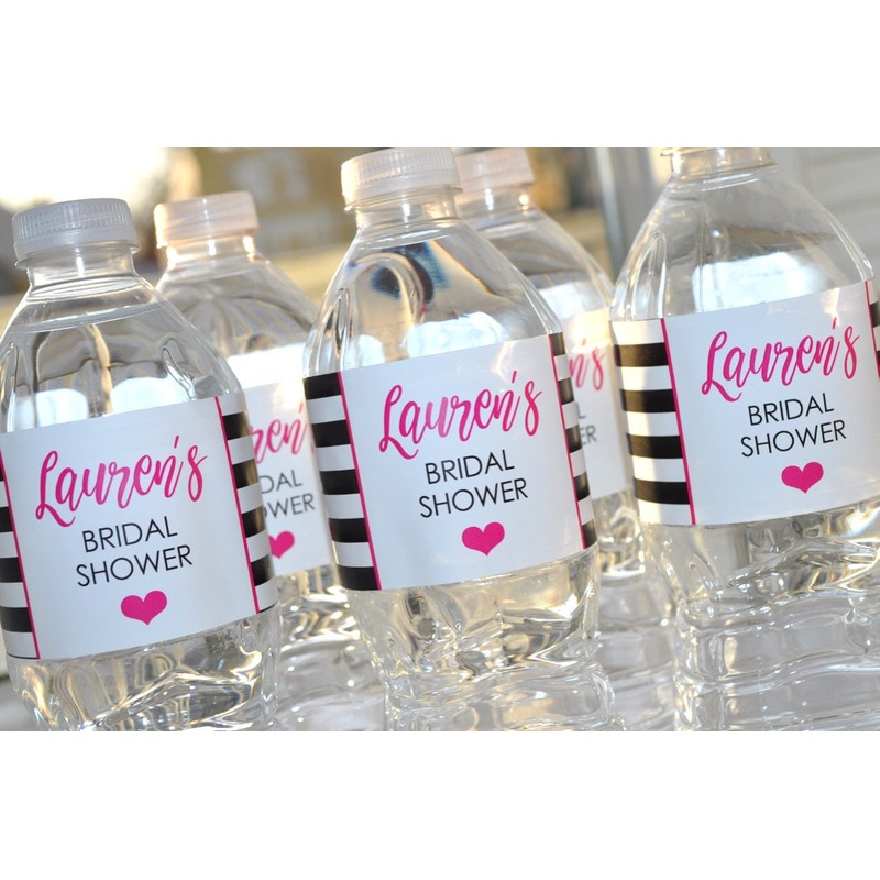Bridal Shower Water Bottle Labels, Bachelorette Party, Wedding, Engagement Party, Bachelorette Party, Hot Pink & Black Stripe - Set of 10