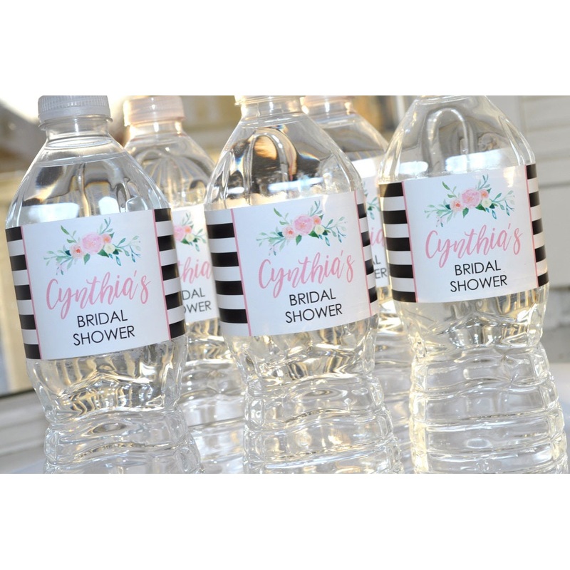 Bridal Shower Water Bottle Labels, Bachelorette Party, Wedding Labels, Engagement Party, Bachelorette Party, Black Stripe Floral - Set of 10