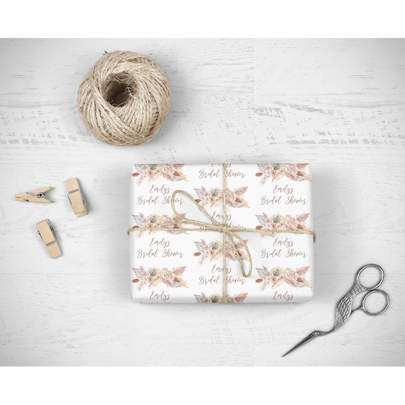 Bridal Shower Wrapping Paper Boho Floral Pampas Grass Neutral, Personalized Bridal Shower Wedding Gift Wrap Sheets, Unique Present