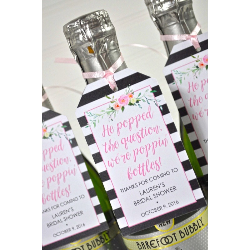 Mini Wine Bottle Bridal Shower Favor Tags, Bachelorette Party Favors, Wedding Favors, Champagne Tags, He Popped The Question - Set of 12