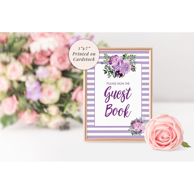 Wedding Guest Book Sign 5x7 Print, Bridal Shower Sign, Guest Book Table Wedding Sign, Baby Shower Signs, Purple Floral PRINTED & SHIPPED!
