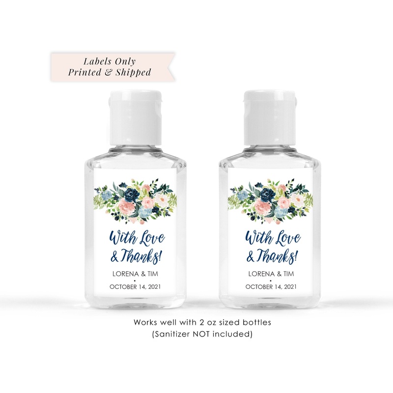 Wedding Sanitizer Labels Navy Blue Pink Floral Wedding Favor 2oz Labels Bridal Shower Hand Sanitizer Labels - Set of 20 Labels