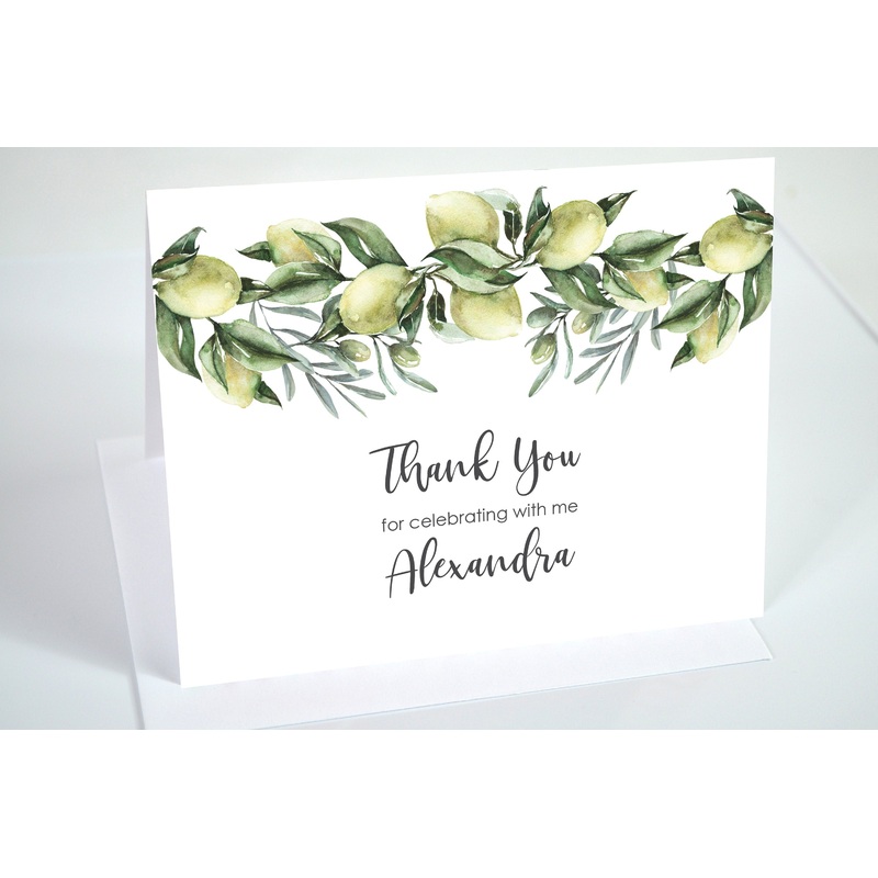 Wedding Thank You Cards Lemon Citrus Italian Olive Branch Wedding Bridal Shower Thank You Notes - Printed and Shipped - Set of 10
