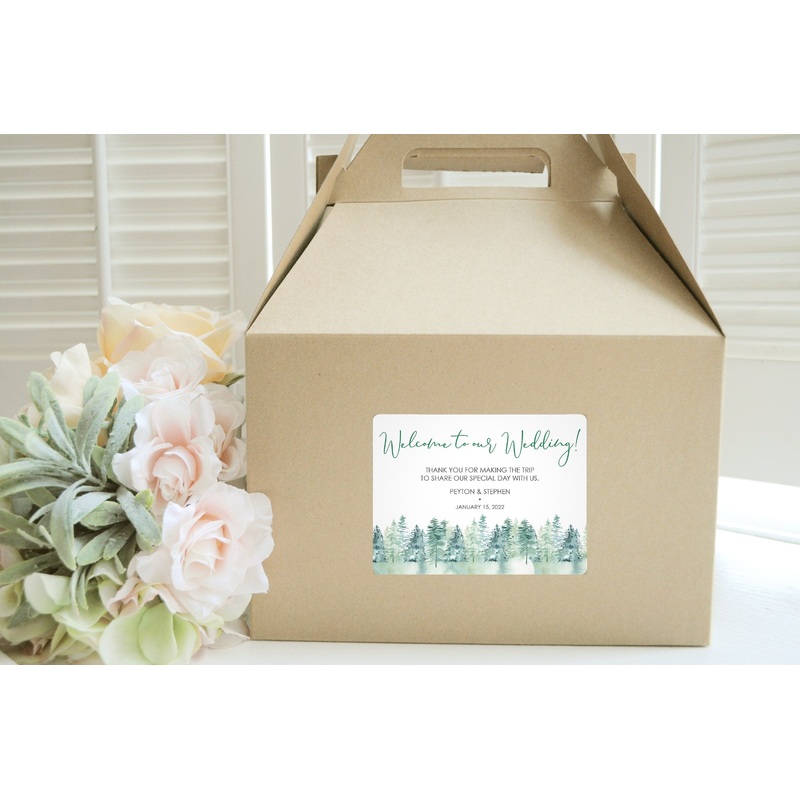 Wedding Welcome Gable Boxes and Stickers, Wedding Hotel Guest Welcome Boxes, Evergreen Trees Christmas Winter Wedding - Set of 6