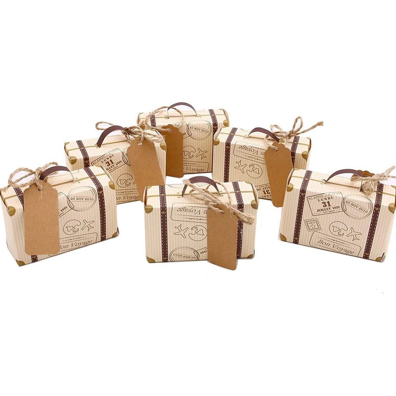 50pcs Mini Suitcase Favor Boxes, Party Favor Candy Box, Vintage Kraft Paper with Tags and Burlap Twine for Wedding