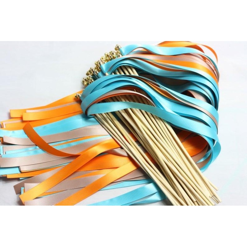 Misty Turquoise Wedding Wands with Triple Ribbon and Bell, Wand Streamers, Ribbon Sticks
