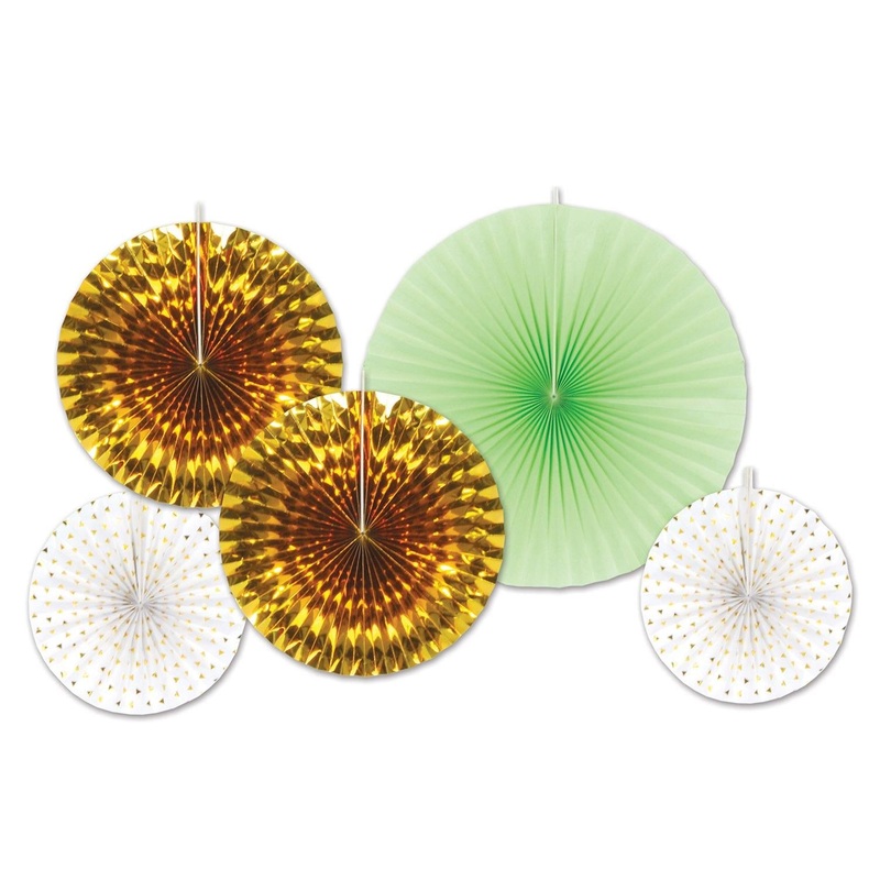 60 Piece Beistle Paper/Foil Decorative Fans - Asst gold/mint green