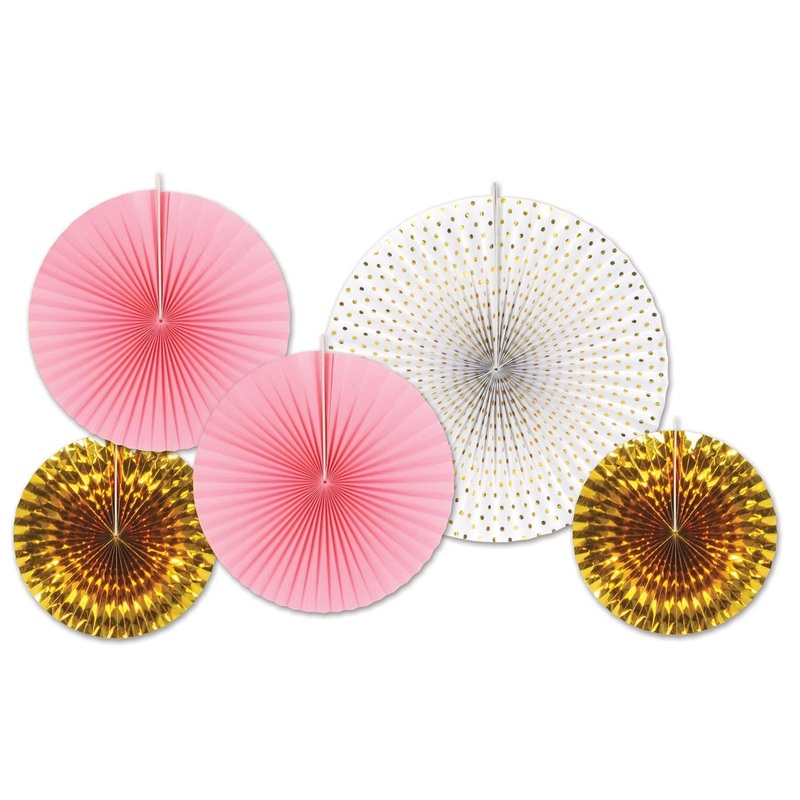 60 Piece Beistle Paper/Foil Decorative Fans - Asst gold/pink