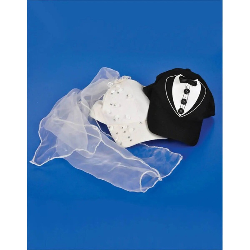 Bride & Groom Costume Baseball Hat Set with Sequins, Tule Veil, & Tuxedo