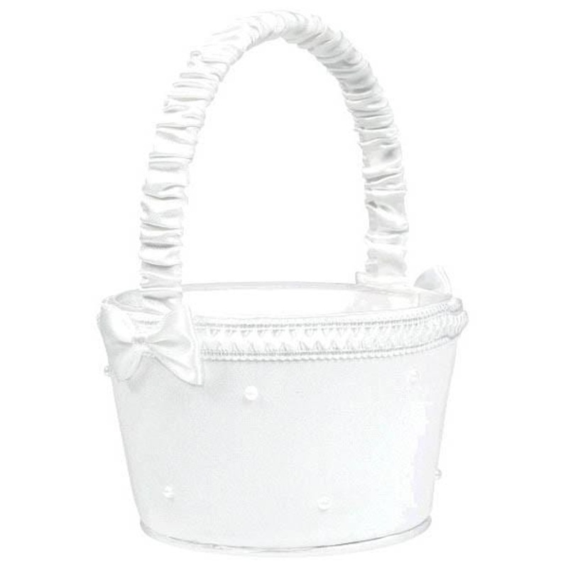 Flower Basket - White with Faux Pearls 7 x 4.75 in.