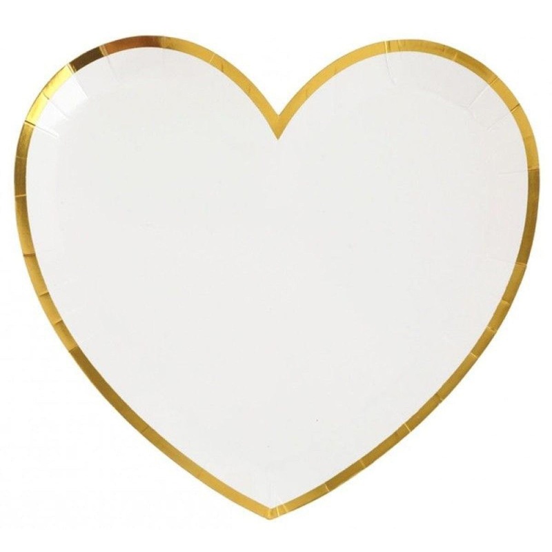 Heart Shaped Plates, 9in, White and Gold, 10 Count
