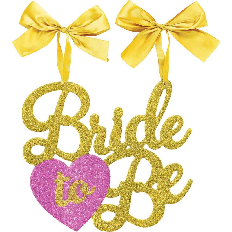 Bride to Be Gold & Pink Glittered MDF Hanging Sign & Ribbons