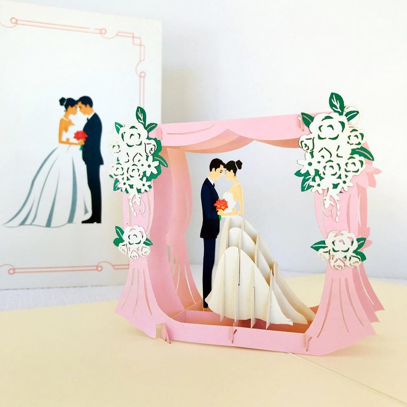 Classic Ivory Wedding Under Pink Curtains Pop Card