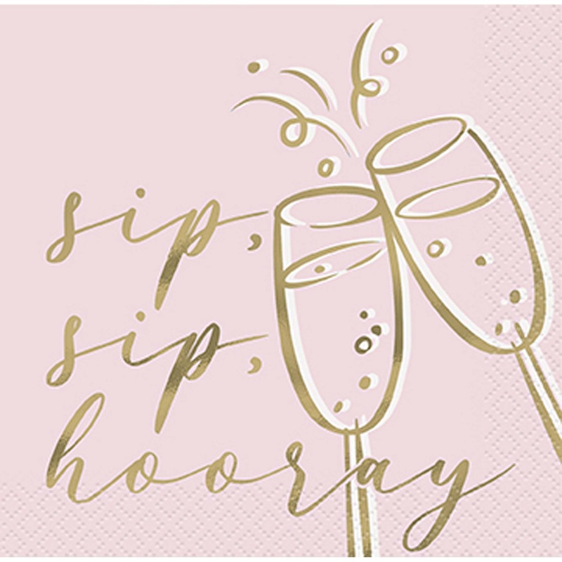Pink Blooms and Gold Wedding Small Beverage Napkins, 16 Count