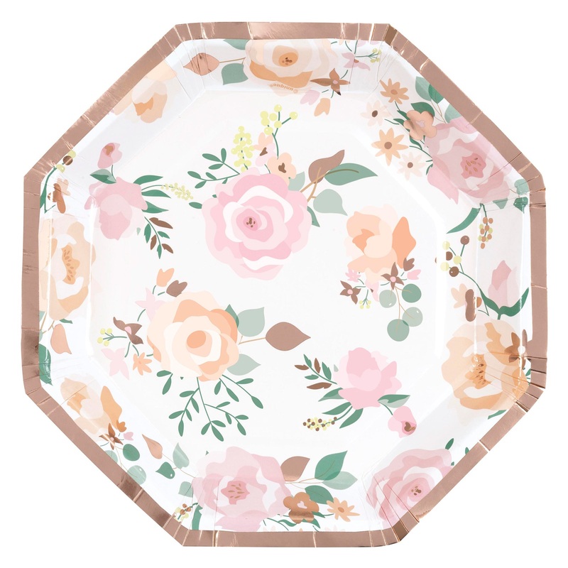 Pink Blooms Wedding Small Octagonal Dessert Paper Plates, 7 Inches, 8 Count